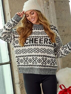 A New Day 'CHEERS!' Cream and Black Patterned Knit Sweater Medium